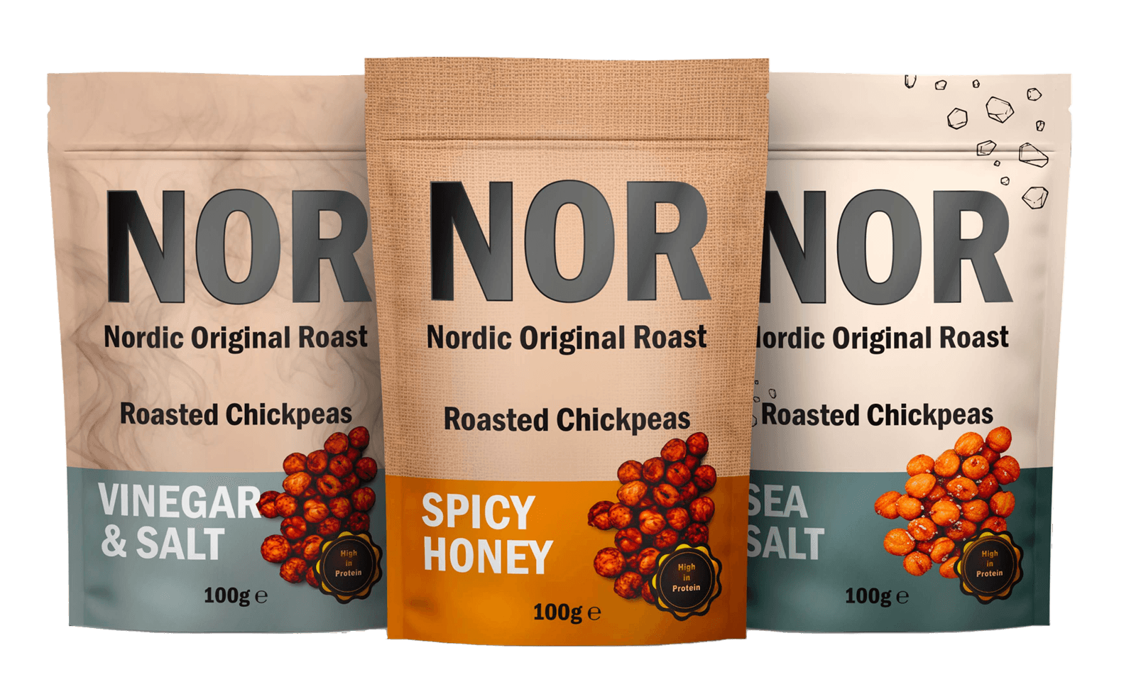 Tre poser med NOR ristede kikerter: Vinegar & Salt, Spicy Honey og Sea Salt